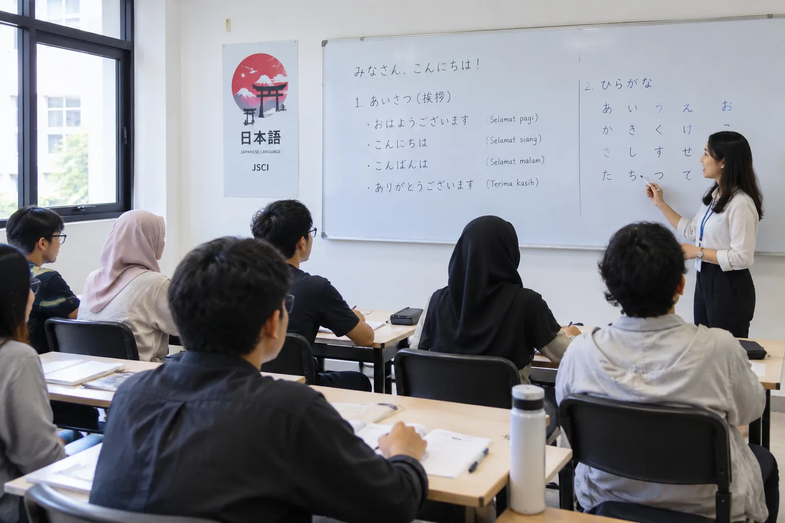 Peserta JSCI mengikuti kegiatan pembelajaran bahasa Jepang di dalam kelas.