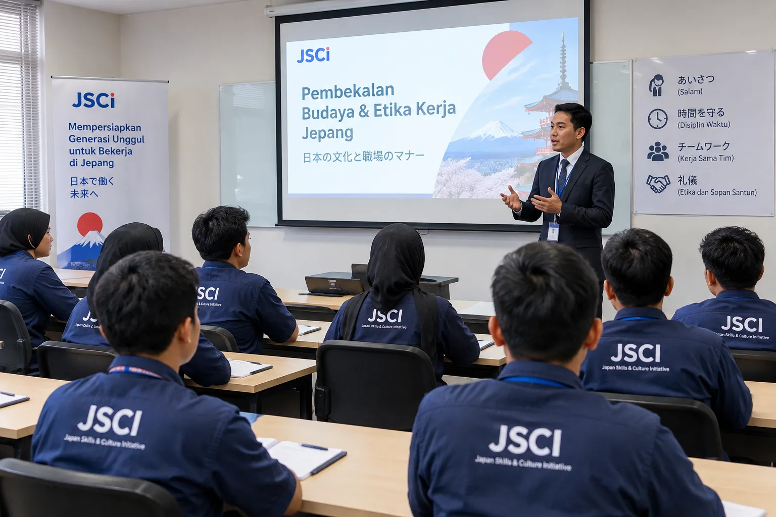 Peserta JSCI mengikuti pembekalan budaya dan etika kerja Jepang di kelas.